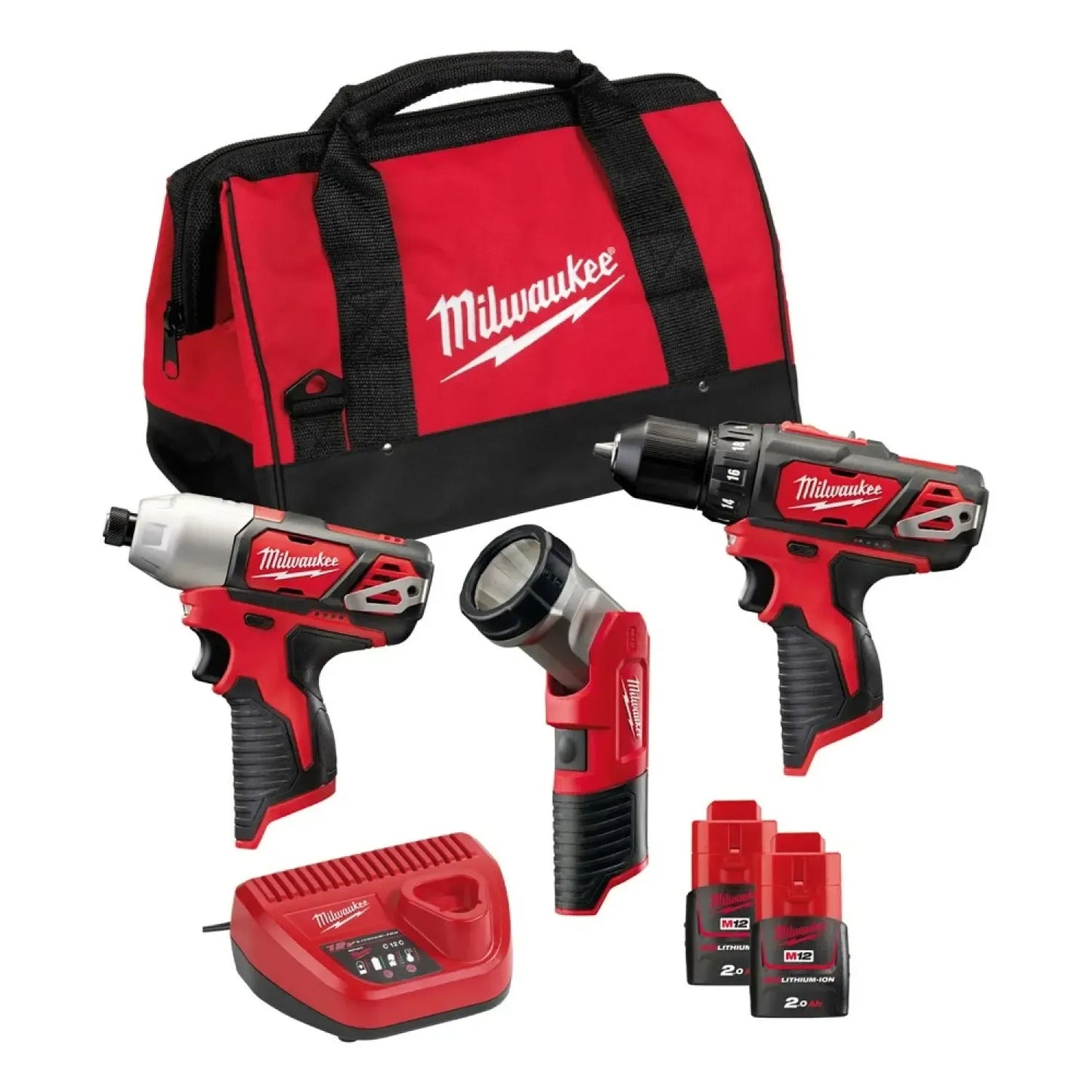 Milwaukee M12 BPP3A-202B 12V Li-Ion accu boor-/schroefmachine (M12 BDD) & slagschroevendraaier (M12 BID) & werkaccu_lamp (C12 T) combiset (2x 2.0Ah accu) in tas