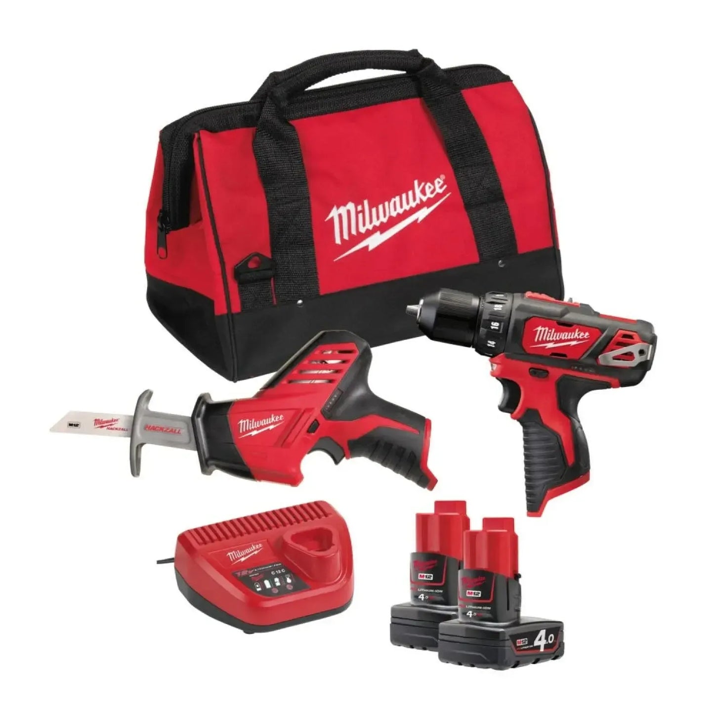 Milwaukee M12 BPP2C-402B PowerPack 12V Li-Ion accu boor-/schroefmachine (M12 BDD) & reciprozaag (C12 HZ) combiset (2x 4.0Ah accu) in tas