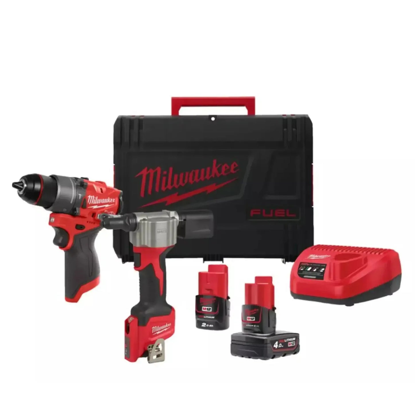 Milwaukee M12 FPP2D2-422X 12V Li-ion accu subcompacte slagboormachine (FPD2-0) en subcompacte blindklinknageltang (1x4.0Ah & 1x2.0Ah) in HD Box