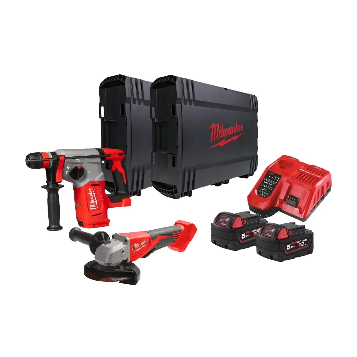 Milwaukee M18 BLPP2G-502X 18V Li-ion accu combihamer (M18 BLHX-0) & Haakse slijper (M18 BLSAG125XPD) combiset (2x 5.0Ah accu) in HD Box