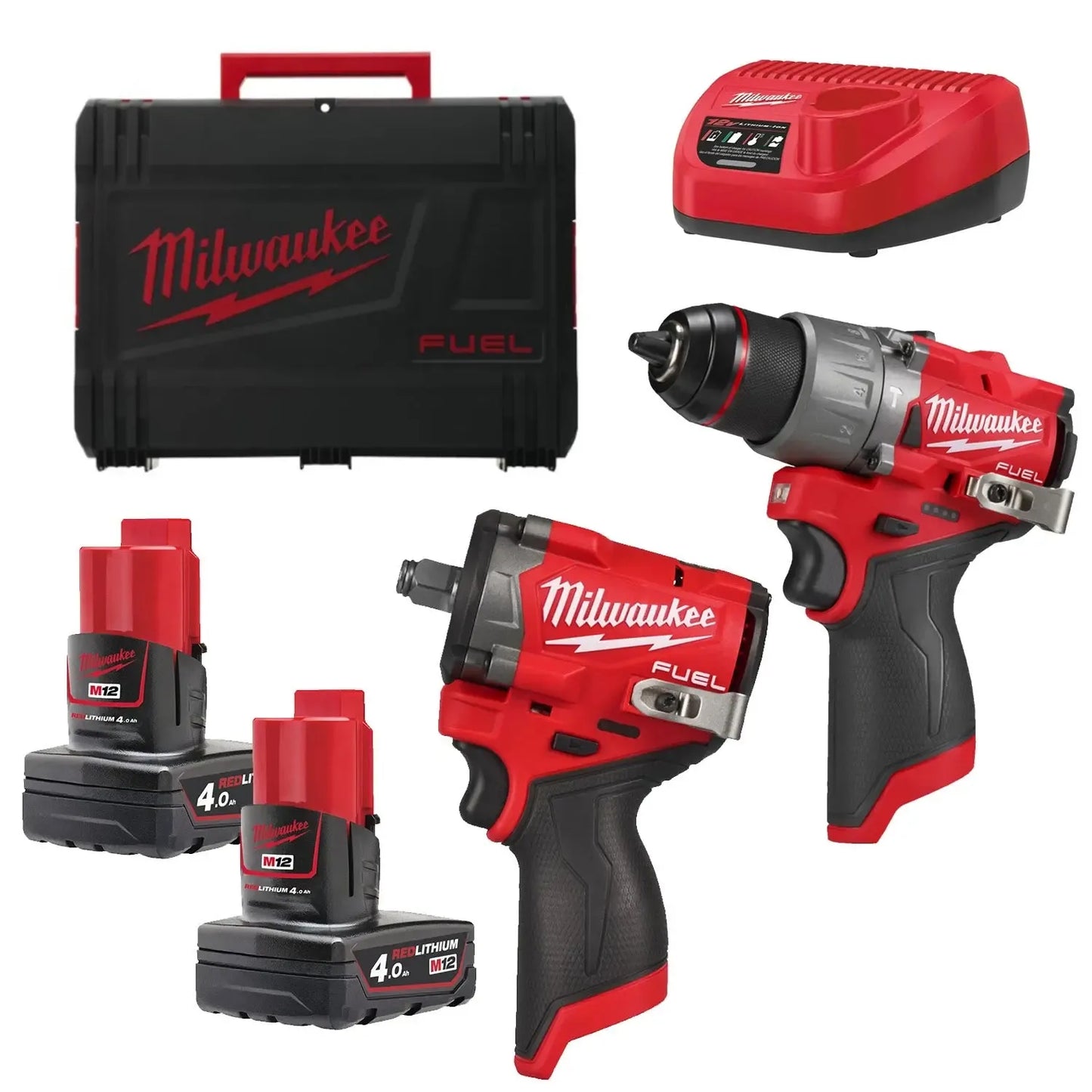Milwaukee M12 FPP2X2-402X 12V Li-ion accu klopboor-/schroefmachine (M12 FPD2) & slagmoersleutel (M12 FCIWF12G3) combiset (2x 4.0Ah accu) in HD Box