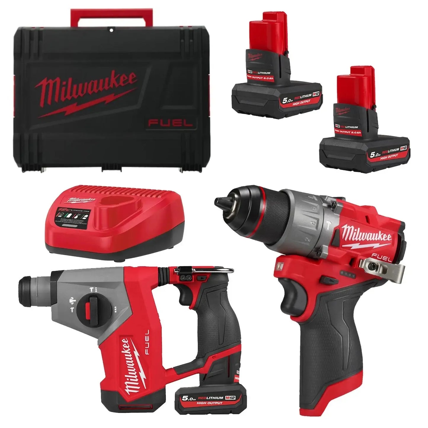 Milwaukee M12 FPP2BG2-502X 12V Li-ion accu klopboor-/schroefmachine (M12 FPD2) & combihamer (M12 FHAC16) combiset (2x 5.0Ah accu) in HD Box