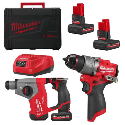 Milwaukee M12 FPP2BG2-502X 12V Li-ion accu klopboor-/schroefmachine (M12 FPD2) & combihamer (M12 FHAC16) combiset (2x 5.0Ah accu) in HD Box